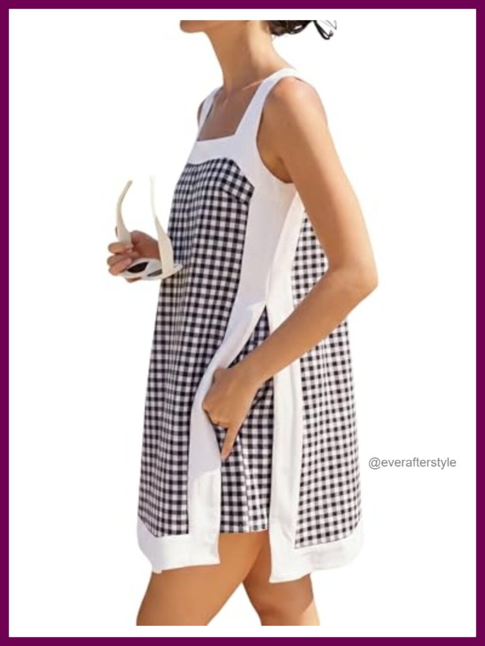 Cotton Linen Gingham Two Piece Set Sleeveless Square Neck Top Elastic Waist